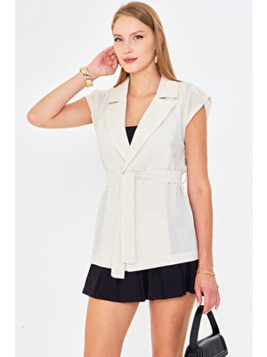 Kadın Krem Erkek Yaka Beli Kuşaklı Keten Görünümlü Yelek ARM-25Y001079
