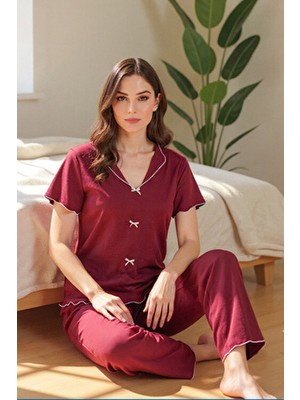 Pamuklu Bordo V Yaka Yazlık Pijama Takımı
