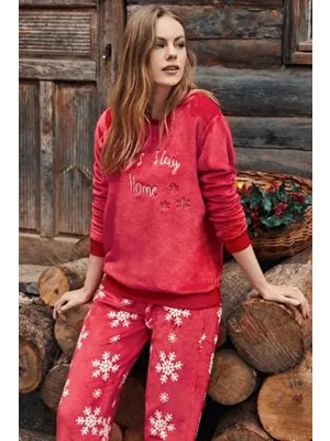 Dofi Kadın 1730 Kışlık Pijama Takımı Kırmızı Lastikli Uzun Kollu Eğlenceli Desen ile Homewear