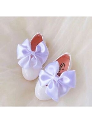 Stella Butik Kız Çocuk Fiyonklu Babet Ayakkabı Beyaz Suni Deri Ortopedik Taban ile Rahat Kullanım