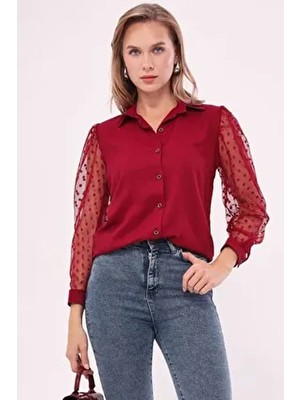 Kadın Bordo Kolları Tül Gömlek ARM-20K001068