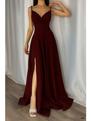 Kadın Bordo Krep Kumaş Yırtmaç Detaylı Abiye Elbise