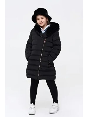 Benitto Kids Kız Çocuk Siyah Kaban Polyester Malzemeden Uzun Kollu Kapüşonlu Günlük Kullanım İçin