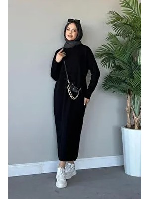 Şule Giyim Siyah Fitilli Triko Elbise Klasik Stil Uzun Kol Rahat Kullanım İçin
