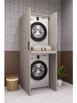 Demirbal Mobilya Mdf Çamaşır Makinesi ve Kurutma Makinesi Dolabı Çekmeceli Kapaklı 186 kumtaşı kumbeji