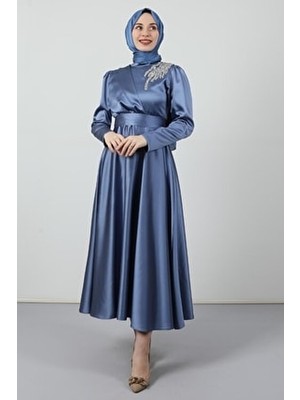 Omzu Taşlı Saten Abiye Indigo