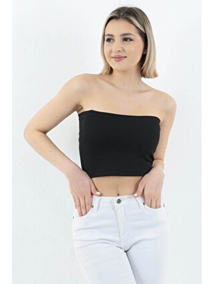 Ways Kadın Siyah Fitilli Straplez Büstiyer Crop Slim Fit Örme Kumaş ile Şık Tasarım