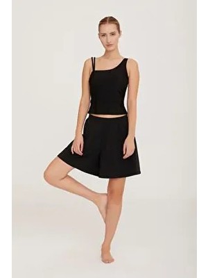 Lapieno Düz Desenli Kadın Şort Etekli Tankini Dokuma Kumaş ile Şık Plaj Modası