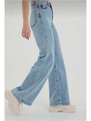 Pubi Mavi Palazzo Kadın Yüksek Bel Flare Jeans Denim Geniş Paça Regular Fit Modeli