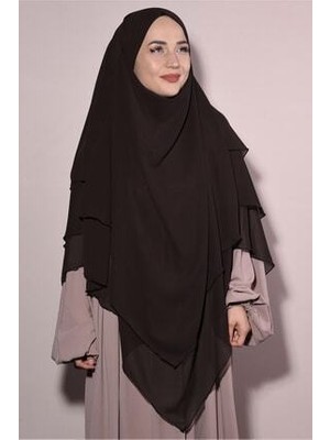 Sufle Khimar Tesettür Peçeli Üç Katlı Şifon Şal Kahverengi