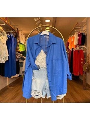Durmaz Kadın Keten Oversize Gömlek Mavi Düz Desenli Yazlık Stil Cepli Yeni Sezon