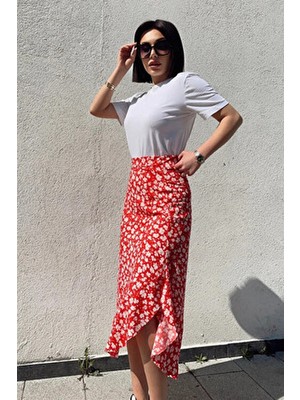 KaSheHa Kadın Volanlı Etek 80 cm Kırmızı Bürümcük Kumaş Çakıl Taş Desenli Regular Kalıp