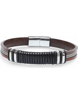 Kuşkaya Ticaret Orijinal Deri ve 316L Çelik Siyah-Kahverengi Erkek Bileklik | 14 Şubat Sevgililer Günü Hediyesi