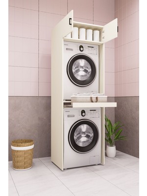 Demirbal Mobilya Mdf Çamaşır Makinesi ve Kurutma Makinesi Dolabı 210 aytaşı krem