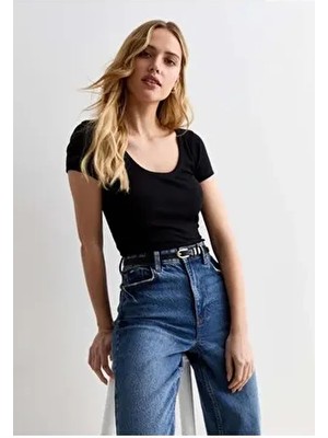 Kadın Siyah Kare Yaka T-Shirt & Bluz , Likralı Fitilli Kaşkorse Kumaş