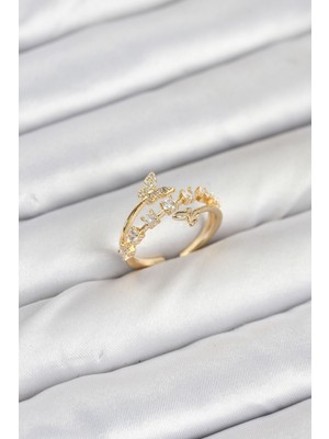 Zarif Kadın Için Golden Pirinç Zirkonlu Kelebek Stil Yüzük