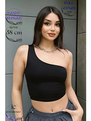 Siyah Tek Omuz Dekolteli Sandy Kumaş Crop Bluz 38 cm