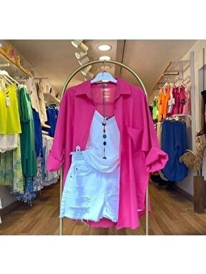 Durmaz Kadın Oversize Keten Gömlek Pembe Renk Düz Desenli Yazlık Stil Cepli Yeni Sezon