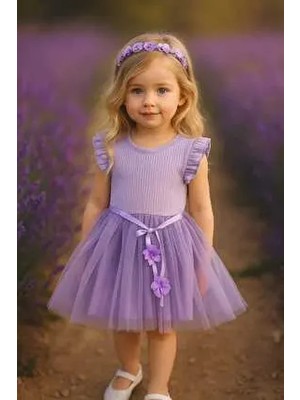 Kız Çocuk Özel Gün Doğum Günü Günlük Yılbaşı Hediye Abiye Pamuklu Tül Prenses Lila Elbise