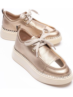 Kadın Deri Sneaker Spor Ayakkabı Gold Detaylı Bağcıklı Gold Vina