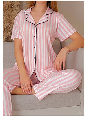 Sude Homewear Pamuklu Kısa Kol Pijama Takımı Düğmeli Düz Desenli Yaz Sezonu İçin Rahat Tasarım