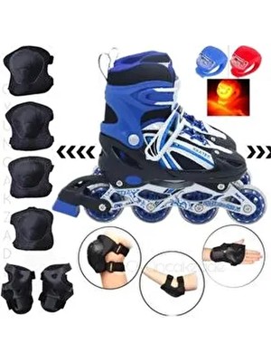 Depomiks Avm Işıklı Ayarlanabilir Çocuk Pateni 4 Tekerlekli Mavi Dizlik Dirseklik Koruyucu Set + LED Fener Hediyeli