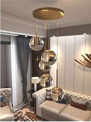 Vega Sarkıt Top Avize Füme Rengi 5’li Glop Camlı, Eskitme Dayanıklı Kasa Modern Şık Tasarım Avize