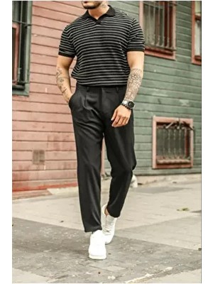 Tarz Cool Erkekler İçin Çizgili Polo Yaka T-Shirt Siyah Kısa Kol Casual Tarzda Akrilik Kumaş