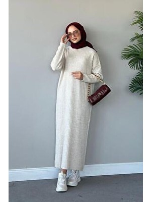 Şule Giyim Ekru Fitilli Triko Elbise Uzun Kol Kadınlar İçin Günlük Şıklık Sunar