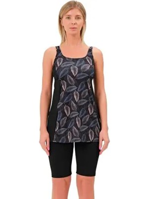 Argisa Taytkini Garnili Desenli Tankini 5534 Siyah Gri Büyük Beden Poliamid Karışımlı Dokuma Kumaş