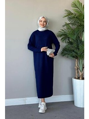 Şule Giyim Fitilli Triko Elbise Lacivert Uzun Kol Günlük Stil İçin Rahat Seçenek