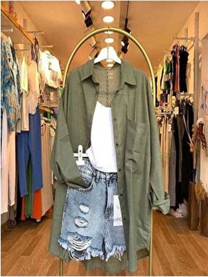 Durmaz Kadın Haki Yeşil Oversize Keten Gömlek Düz Desenli Yazlık Stil Cepli Kumaş Özellikleri