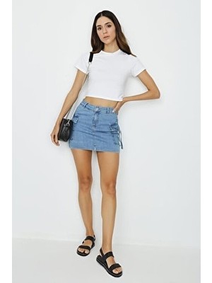 Select Moda Kadın Mavi Denim Kargo Cepli Mini Etek Fitted Kalıp ile Şık ve Rahat Kullanım