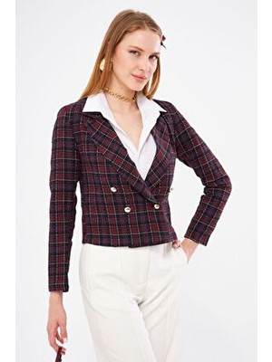 Kadın Mürdüm Kruvaze Yaka Tüvit Crop Ceket