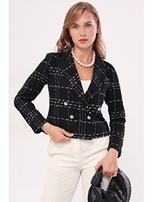 Armonika Kadın Siyah Kruvaze Yaka Tüvit Crop Ceket Regular Kalıp Casual Stil