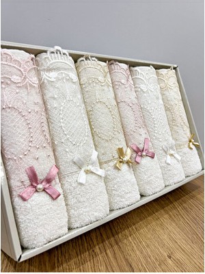 6 Adet Kutulu %100 Pamuklu Güpürlü Fiyonklu Desenli 50X90 El Yüz Havlu Seti