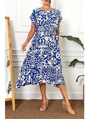 Kadın Saks Beli Lastikli Bağlamalı Desenli Elbise ARM-22Y001044