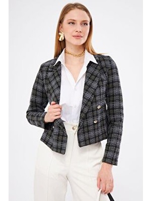 Kadın Haki Kruvaze Yaka Tüvit Crop Ceket ARM-24K001014