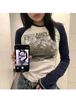 Köstebek Lacivert Raglan Kollu Kadın Back To Nature Pamuklu Uzun Kollu Crop TShirt Casual Stil