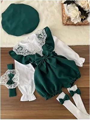 Biya Baby Kız Çocuk Bebek Takımı Uzun Kollu Yeşil Desenli Şort Gömlek ve Aksesuarlar