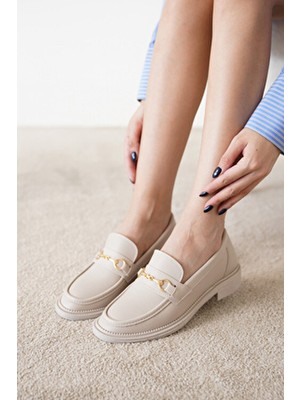 Bej Rengi Cilt Gold Toka Detaylı Oxford Loafer Ayakkabı Erkek Suni Deri Eva Taban
