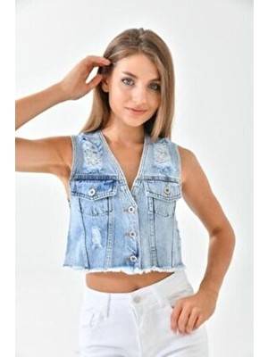 The Movıe Warner Bros V Yaka, Kolsuz Bol Kesim Yelek. Göğüs Cepli ve Önü Düğmeli. Denım Yelek
