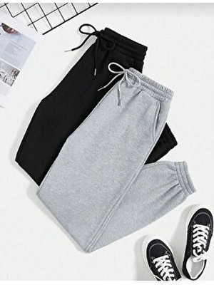 Verivay Siyah ve Gri İkili Jogger Eşofman Altı Kadın Yüksek Bel Pamuk Polyester Tüm Sezonlar İçin