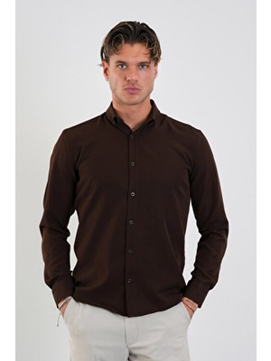 Flex Slim Fit Yumuşak Kolay Ütü Nefes Alan Erkek Gömlek Kahverengi