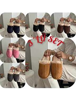 Behtah Kundura Kahverengi Süet Kadın Ev Terliği 3'lü Paket Ortopedik Taban Günlük Kullanım İçin Hafif ve Konforlu