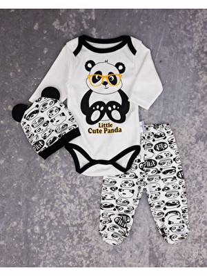Minibird Baby Unisex Bebek Panda Body Basklı Zıbın Seti %100 Pamuk 3-9 Ay Uzun Kol Bisiklet Yaka Sarı Desenli