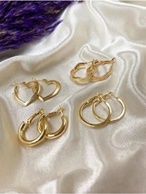 Altın Rengi 4 Çift Kalpli, Yılan Sırtı, Klasik ve Özel Tasarım Klipsli Halka Küpe