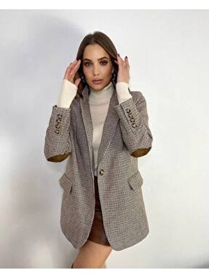 Kahverengi Astarlı Kadın Tek Düğme Kruvaze Blazer Ceket Uzun Kol Oversize Stil