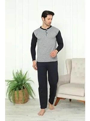 Meynur Moda Uzunkollu Erkek Pijama Takımı Pamuklu Penye Jakarlı Düz Desen ile Rahat Siluet
