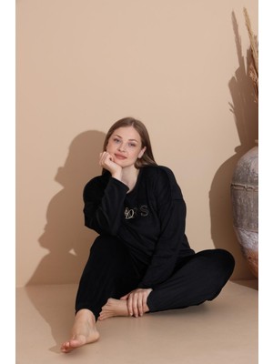 Boyraz Kadın Kışlık Fransız Kadife Büyük Beden Bisiklet Yaka Uzun Kol Pijama Takımı 03134 - 1 Adet